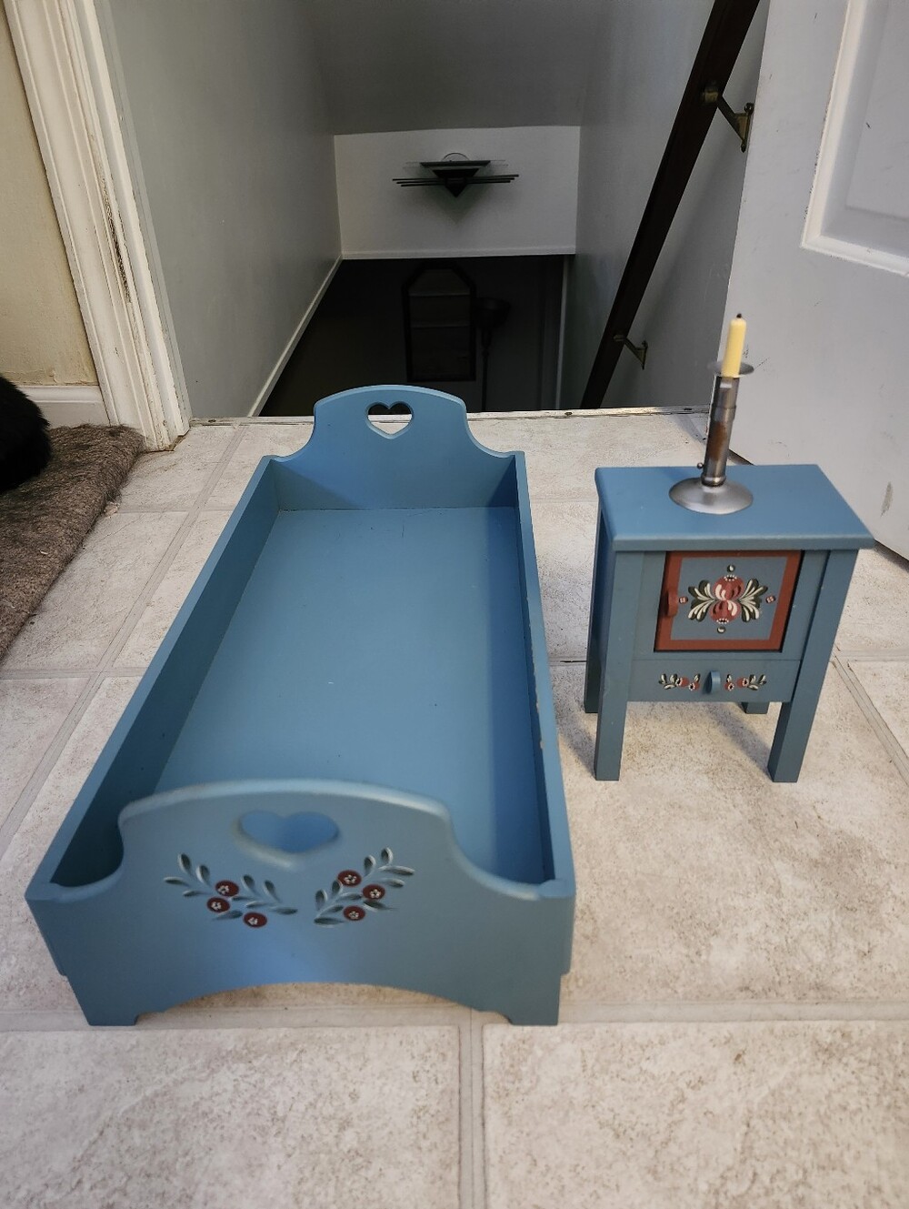 Pleasant Company Blue Wooden Bed and Matching Side Cabinet and Candlestick